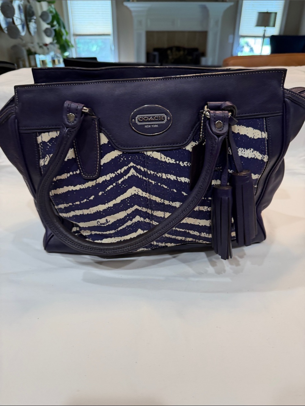Coach Navy and White Striped Canvas Shoulder Bag with Tassel Details